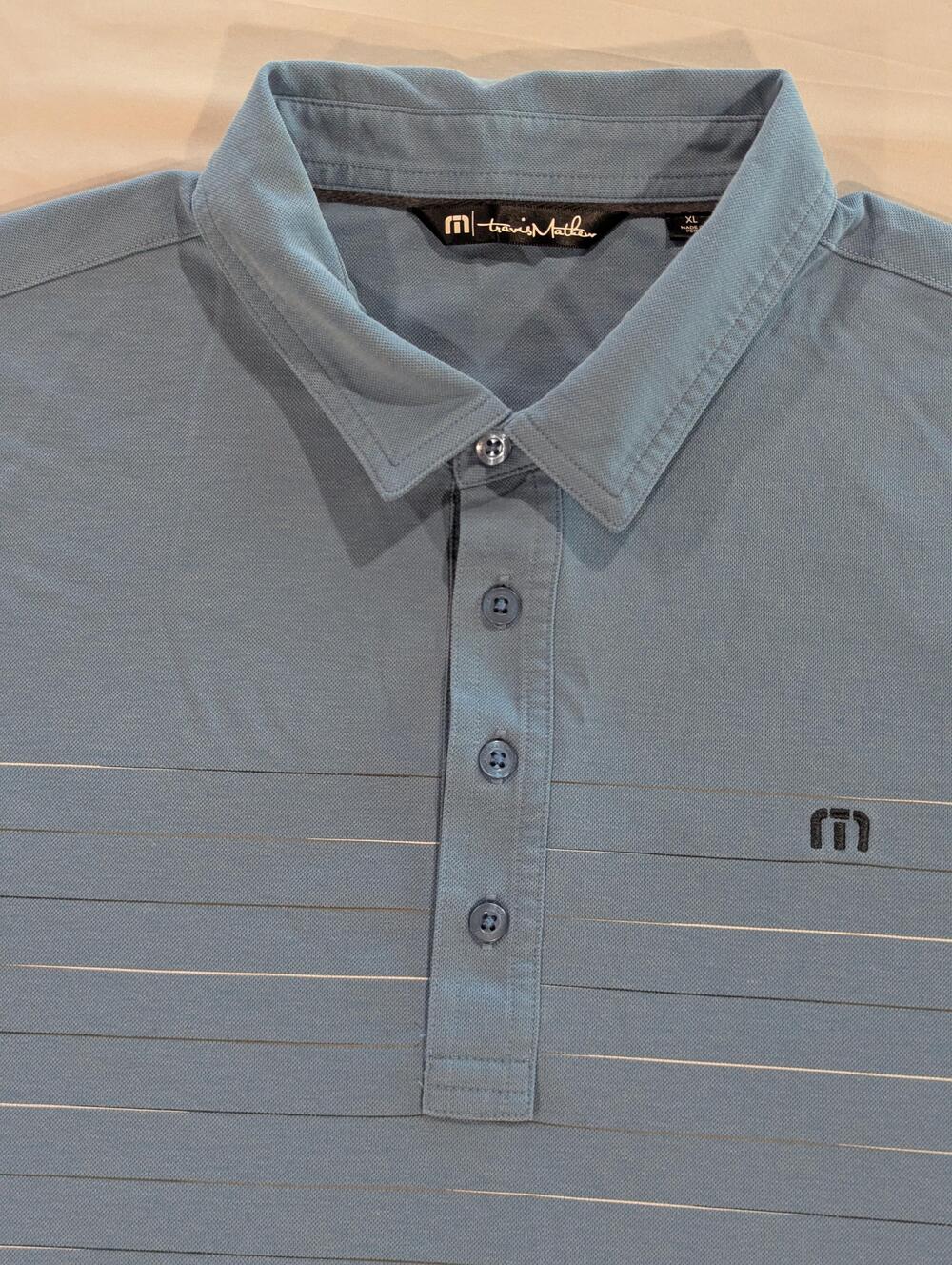 TravisMathew Polo Shirt Mens XL Blue Striped Pima Cotton Blend Golf Logo Casual